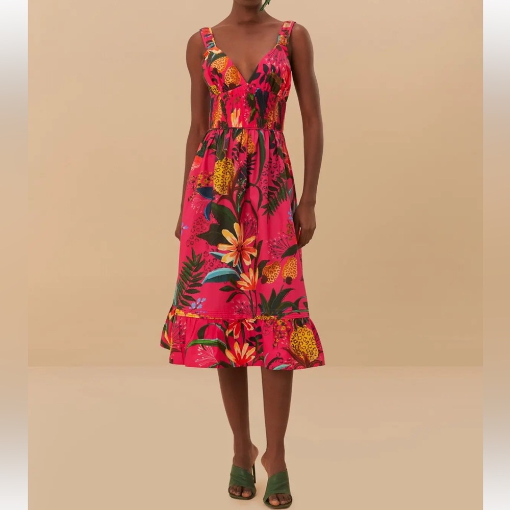 Floral V-Neck Midi Dress in Bright Pink